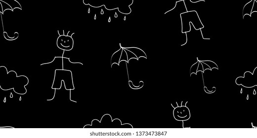Seamless background. Umbrellas and clouds. Background of clouds and umbrellas. Raindrops. Rainy weather. Vector graphics
