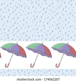Seamless background, umbrellas on white and blue rain drops. Vector