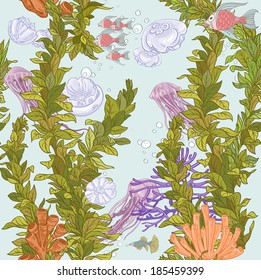 Seamless background of underwater world with marine seaweed, fish and jellyfish