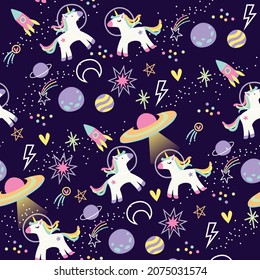 seamless background with unicorn and planets