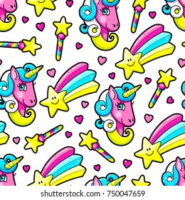 seamless background of  Unicorns, Magic wands and stars. Vector illustration