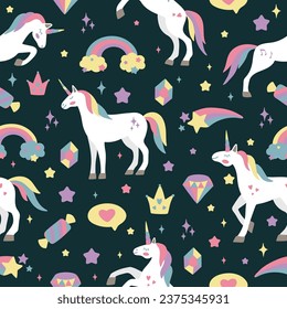 Seamless background with unicorns. Perfect for kids design, fabric, packaging, wallpaper, textile, apparel