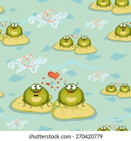 Seamless background of Valentine frog sitting on a leaf with the fish.