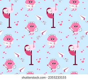 Seamless background for Valentine's Day. Cute cupid character and love letters, valentines, hearts. Vector pattern in a flat style. Retro, vintage.