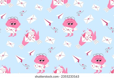 Fondo perfecto para San Valentín. Carácter cupido y letras de amor, valentinas, corazones. Patrón vectorial en un estilo plano. Retro, vintage.
