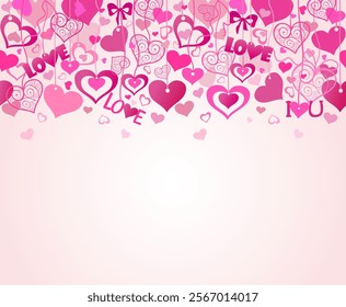 Seamless background for Valentine's Day party poster with hanging hot pink, lilac and rose hearts and love words