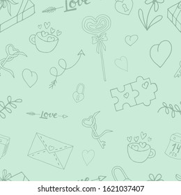 Seamless background. Valentine's day pattern. Vector illustration. Green background.