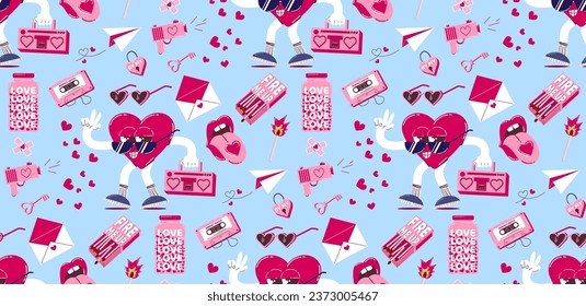 Seamless background for Valentine's Day. Vector pattern in retro style of the 70s, 80s. Cute cupid and heart characters.