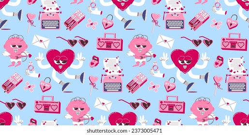 Seamless background for Valentine's Day. Vector pattern in retro style of the 70s, 80s. Cute cupid and heart characters.