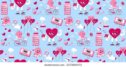 Seamless background for Valentine's Day. Vector pattern in retro style of the 70s, 80s. Cute cupid and heart characters.
