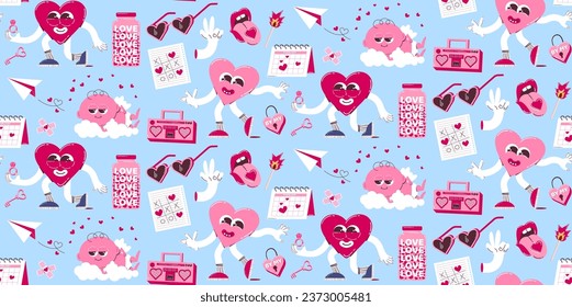 Seamless background for Valentine's Day. Vector pattern in retro style of the 70s, 80s. Cute cupid and heart characters.