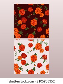 Seamless background variation with red and orange marigold flowers for fashion design, textile, wrapping paper, package wallpaper, bag print