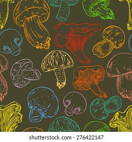 seamless background with a variety of colorful mushrooms. hand-drawn illustration