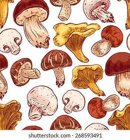 seamless background with a variety of mushrooms. hand-drawn illustration