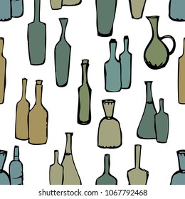 Seamless background of the various bottles