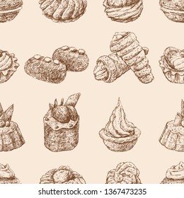 Seamless background of various brownies sketches