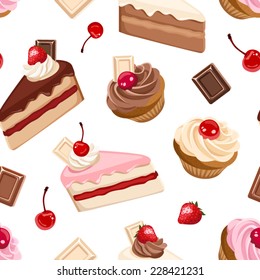 Seamless background with various cakes. Vector illustration. 