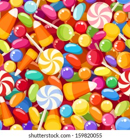 Seamless background with various candies. Vector illustration.