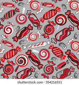 Seamless background with various candies. Vector illustration. Bright background with candies.
