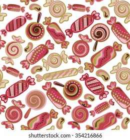 Seamless background with various candies. Vector illustration. Bright background with candies.