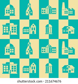 seamless background with various city buildings