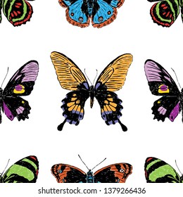 Seamless background of various drawn butterflies