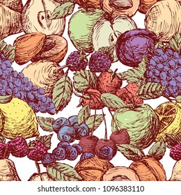 Seamless background of the various drawn fruit