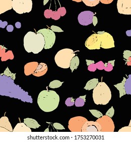 Seamless background of various drawn ripe fruit