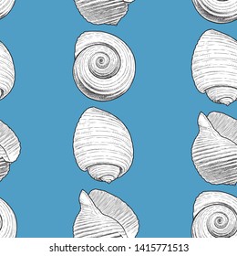 Seamless background of various drawn seashells