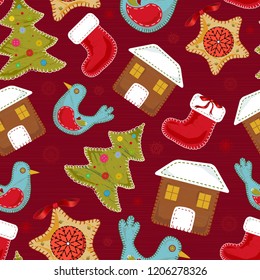 Seamless background with various felt Christmas decorations. Vector illustration.