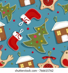 Seamless background with various felt Christmas decorations. Vector illustration.