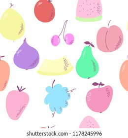 Seamless background with various fruits on white. Vector fruit pattern.
