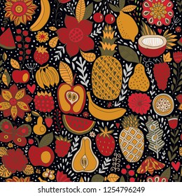 Seamless background with various  fruits. Vector fruit pattern.