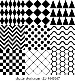 Seamless background with various geometric patterns in black