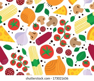 Seamless Background with Various Groceries: Pasta, Vegetables, Salami and Mushrooms