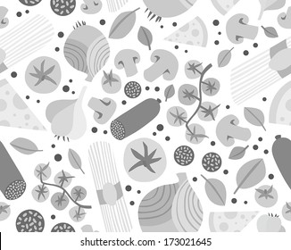 Seamless Background with Various Groceries: Pasta, Vegetables, Salami and Mushrooms