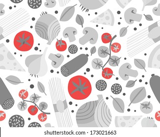 Seamless Background with Various Groceries: Pasta, Vegetables, Salami and Mushrooms