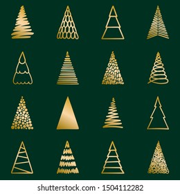Seamless background with various hand-drawn Golden Christmas trees on green background for wrapping paper, textiles, postcards, Wallpaper