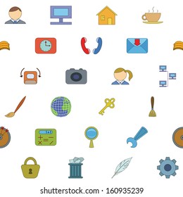 Seamless background with various icons, computer signs and buttons. Vector