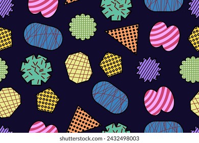 Seamless Background with Various Paper Element. Pattern with paper cut pieces. Different shapes and hand drawn textures Shape abstract in trendy style vector background. Colored geometric shapes