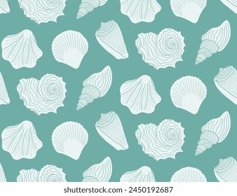 Seamless background of various seashells, pattern with seashells.