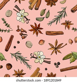 Seamless background from various spices. Vanilla, star anise, cloves, garlic, bay leaf, vanilla, cinnamon, allspice, rosemary, coriander, oregano. Cartoon style illustration.