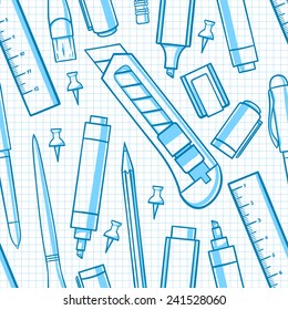 seamless background with various stationery. stationery knife, scissors, marker - 2