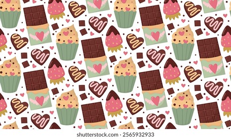 Seamless background with various sweets and hearts. Pattern with chocolate and cupcakes for Valentine's Day