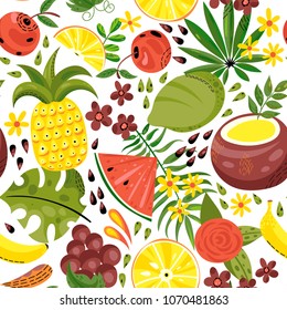 Seamless background with various tropical fruits on white. Vector fruit pattern.