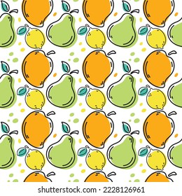 Seamless background with various tropical fruits on white. Fruit pattern vector.
