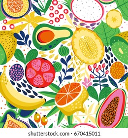 Seamless Background With Various Tropical Fruits On White. Vector Fruit Pattern.