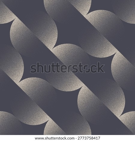 Seamless background vector abstract geometric pattern with diagonal wavy split circles and grainy texture. Stylish graphite halftone layout with incline motion for wallpapers and textile projects