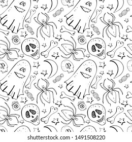Seamless background in vector bone, skull, spider, Ghost, star, eye. Black and white background line. Hand drawn design for textile, paper, Wallpaper, packaging. Doodle style. Festive decoration 