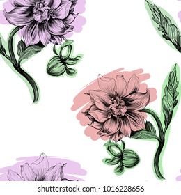 Seamless background.  Vector. Dahlia is a flower and a bud. Foral motifs. Wallpaper. Use printed materials, decoupage cards, posters, postcards, packaging.